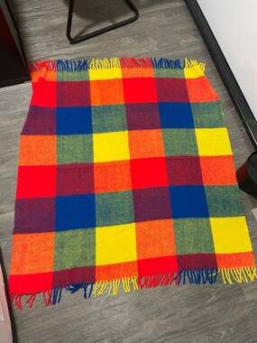 Vintage Faribo Primary Color Block Check Wool Throw Blanket with Fringe